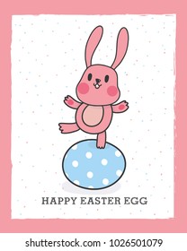 Happy easter egg greeting card. Pink rabbit stand on polka dot egg. Polka dot background. Decoration card, banner, website, cute vector/doodle for kids.