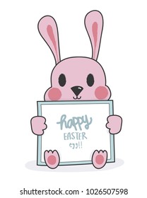 Happy easter egg greeting card. Pink rabbit hold greeting card “happy easter egg “texts. Decoration card, banner, website, cute vector/doodle for kids.