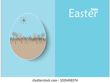 Happy easter egg greeting card with rabbits and grass in egg blue background. illustrations vector