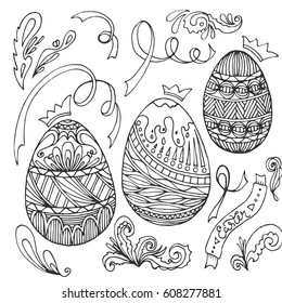 Happy Easter egg for greeting card, doodle style. Coloring Page. Hand Drawn vector illustration for Easter, adult coloring book