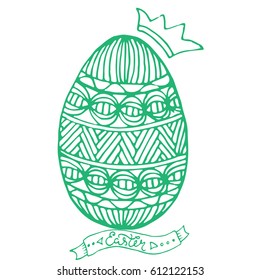 Happy Easter egg for greeting card, doodle style. Coloring Page. Hand Drawn vector illustration for Easter, adult coloring book