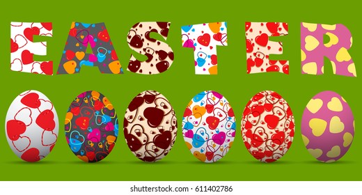 Happy Easter egg  greeting card,banner  with Easter beautiful colored icon eggs,Happy Easter text on green background. Vector illustration