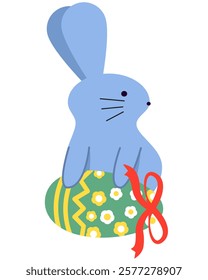 Happy Easter Egg greeting with cute bunny on colorful egg and red ribbon. cute bunny rabbit character design. Vector illustration.