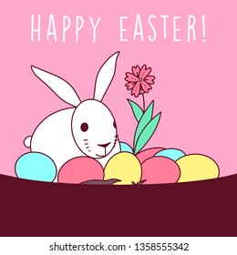 Happy Easter Egg Greetings Card. Illustration Bunny Cute Drawn by Hand in Doodle Style - Vector EPS 10