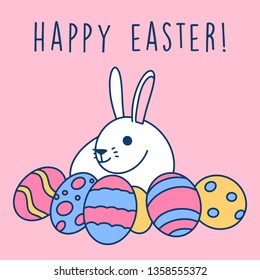 Happy Easter Egg Greetings Card. Illustration Bunny Cute Drawn by Hand in Doodle Style - Vector EPS 10