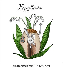 Happy easter, egg house, rabbit, lilies of the valley