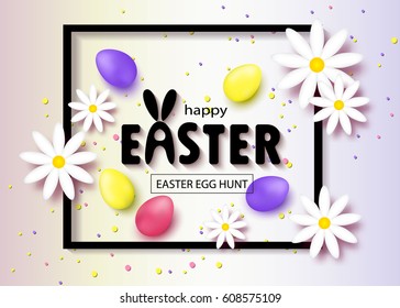Happy Easter egg hunt banner background template with beautiful colorful spring flowers and eggs. Vector illustration