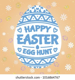 Happy easter egg hunt card with egg on spring background with flowers for decoration, banner sale, promotion, party poster, stamp, label, tag, special offer. Vector Illustration