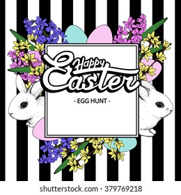 Happy Easter egg hunt card. Spring flowers, bunny, eggs. Vector illustration.