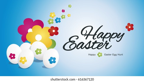 Happy Easter egg hunt color flowers blue background
