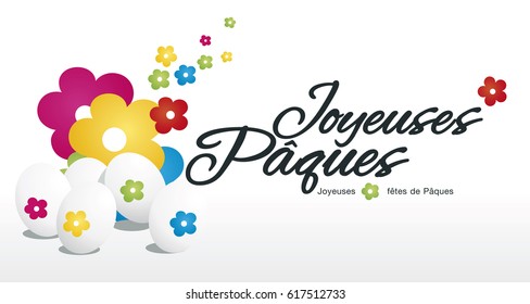 Happy Easter egg hunt color flowers white background French text