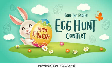 Happy Easter egg hunt contest. Easter festival background with bunny and eggs on grass.