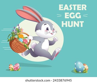 Happy Easter egg hunt contest with copy space. Easter festival background with funny bunny run away