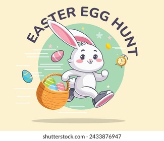 Happy Easter Egg Hunt Wettbewerb mit Copy Space. Osterfesthintergrund mit lustigem Häschen weglaufen