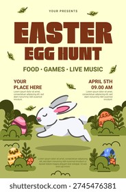 Happy Easter Egg Hunt Event Flyer with Bunny Jumping in Garden. Vector Illustration