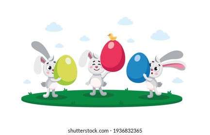 Happy easter, egg hunt flat kid's vector illustration, composition, banner, card, poster with painted, decorative eggs, easter rabbits, bunnies, hares, seasonal greeting