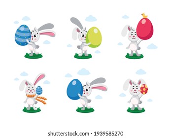 Happy easter, egg hunt flat kid's vector illustration. Set of easter bannies, hares, rabbits with painted eggs. Colorful flat vector illustration isolated on white background