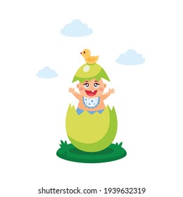 Happy easter, egg hunt flat kid's vector illustration, composition, banner, card, poster with painted egg and newborn baby. Seasonal greeting. Colorful  illustration isolated on white background
