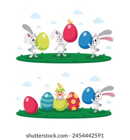 Happy Easter, egg hunt flat kids vector illustration, composition, banner, card, poster with painted, decorative eggs, newborn baby. Easter rabbit, bunny, hare, seasonal greeting set