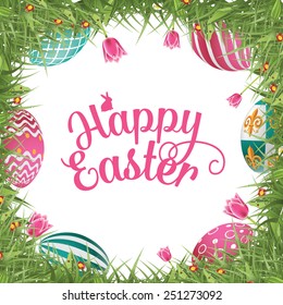 Happy Easter egg hunt frame with grass and tulips EPS 10 vector royalty free stock illustration for greeting card, ad, promotion, poster, flier, blog, article