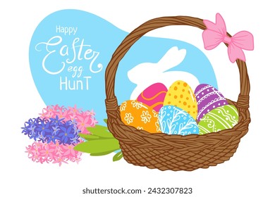 Happy Easter egg hunt greeting card template. colored egg basket with hyacinths flower  illustration for  greeting card, poster, invitation, banner, menu design. . Hand drawn doodle illustration