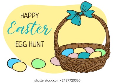 Happy Easter egg hunt greeting card template. Vector illustration for  greeting card, poster, invitation, banner, menu design. Colored eggs, basket. Hand drawn doodle illustration