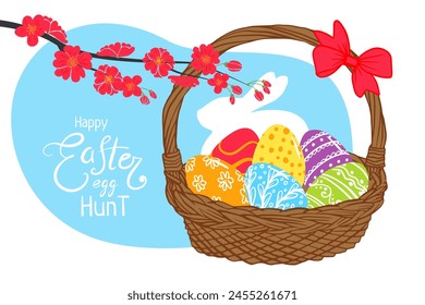 Happy Easter egg hunt greeting card template. colored egg basket with sakura flower  illustration for  greeting card, poster, invitation, banner, menu design. . Hand drawn doodle illustration