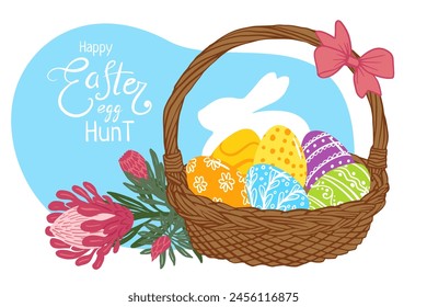 Happy Easter egg hunt greeting card template. colored egg basket with protea flower  illustration for  greeting card, poster, invitation, banner, menu design. . Hand drawn doodle illustration
