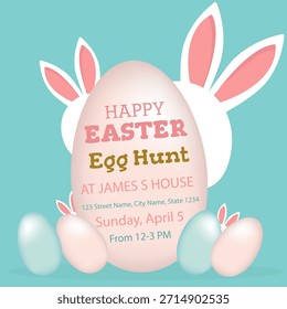 Feliz Pascua, cacería de huevos, tarjeta de felicitación de Pascua con un conejito blanco lindo, huevos, conejo. Carácter animal para las vacaciones. Abril 5, 2026 Vector.
