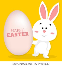 Feliz Pascua, cacería de huevos, tarjeta de felicitación de Pascua con un conejito blanco lindo, huevos, conejo. Carácter animal para las vacaciones. Abril 5, 2026 Vector.