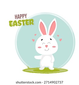 Feliz Pascua, cacería de huevos, tarjeta de felicitación de Pascua con un conejito blanco lindo, huevos, conejo. Carácter animal para las vacaciones. Abril 5, 2026 Vector.