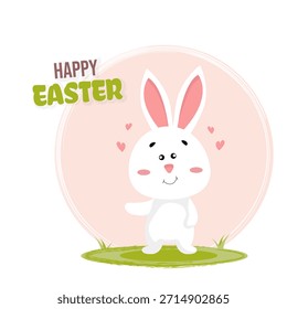 Feliz Páscoa, Caçada de ovos, cartão comemorativo de Páscoa com um coelho branco bonito, ovos, coelho. Personalidade animal para o feriado. 5 de abril de 2026 Vetor.