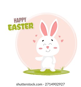 Feliz Páscoa, Caçada de ovos, cartão comemorativo de Páscoa com um coelho branco bonito, ovos, coelho. Personalidade animal para o feriado. 5 de abril de 2026 Vetor.