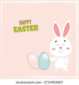 Feliz Pascua, cacería de huevos, tarjeta de felicitación de Pascua con un conejito blanco lindo, huevos, conejo. Carácter animal para las vacaciones. Abril 5, 2026 Vector.