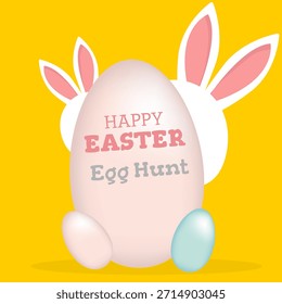 Feliz Pascua, cacería de huevos, tarjeta de felicitación de Pascua con un conejito blanco lindo, huevos, conejo. Carácter animal para las vacaciones. Abril 5, 2026 Vector.