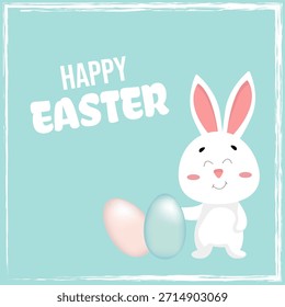 Feliz Pascua, cacería de huevos, tarjeta de felicitación de Pascua con un conejito blanco lindo, huevos, conejo. Carácter animal para las vacaciones. Abril 5, 2026 Vector.