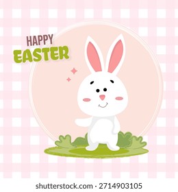 Feliz Pascua, cacería de huevos, tarjeta de felicitación de Pascua con un conejito blanco lindo, huevos, conejo. Carácter animal para las vacaciones. Abril 5, 2026 Vector.