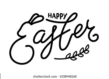 Happy Easter Egg Hunt in hand drawn type with bunny ears. Logo vector illustration. Hand drawn elegant modern brush lettering of Happy Easter isolated on white background. 