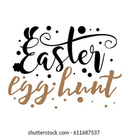 Happy Easter Egg Hunt in hand drawn type with bunny ears and fluffy tail. EPS 10 vector.