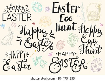 Happy Easter, Easter egg hunt. Hand-written greetings with different traditional Easter attributes