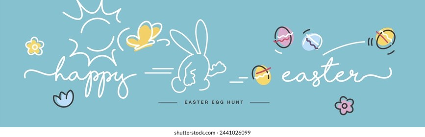 Happy Easter egg hunt handwritten bunny chases color eggs on sea green background. Easter drawing in line design