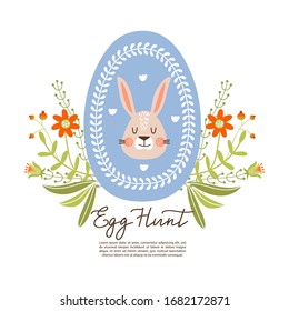 Happy Easter egg hunt invitation template with copy space. Colored egg with bunny, flowers and branches. Vector illustration for holiday card, invitation, poster, flyer etc.
