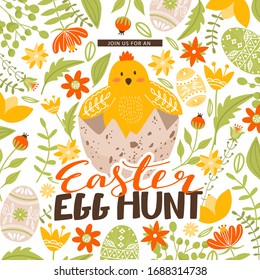Happy Easter egg hunt invitation template. Cute cartoon chicken, colored egg, flowers, branches and lettering. Vector illustration for holiday card, invitation, poster, flyer etc.
