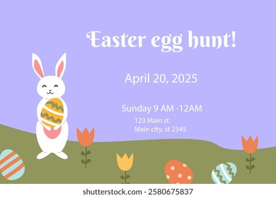 Happy easter egg hunt invitation with bunny and geometric designs for spring celebration.