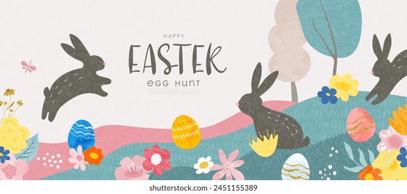 Happy Easter, Egg hunt. Modern illustration with bunnies, flowers, eggs in a clearing. Vector banner with grainy texture.