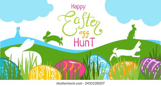 Happy easter egg hunt poster, bunny, easter eggs banner.  for poster, cover, postcard, banner, Restaurant, cafe menu, holiday decoration, greeting card, web banners, packages