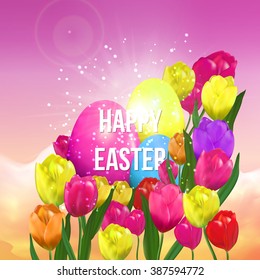 Happy Easter, egg hunt poster template with blurry sky design. Vector illustration for greeting card, promotion, poster, flyer, blog, article.