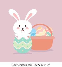 Feliz caza de huevos de Pascua. Surge conejo de cáscara de huevo y cesta de huevos decorativos pintados vector de ilustración.