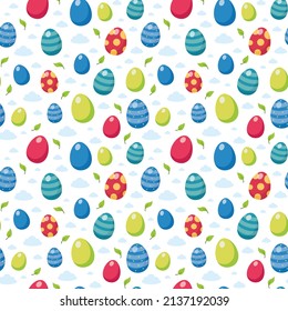 Frohe Ostern, Ei-Jagd nahtlose Muster. Handgezeichnetes Muster mit lackierten Eiern, Federelementen. Vektorgrafik auf weißem Hintergrund. saisonaler Gruß