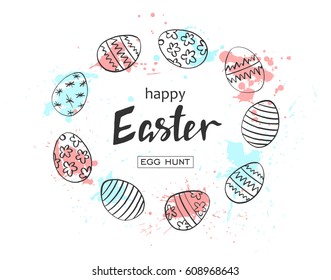 Happy Easter egg hunt vector illustration. Holiday banner design with hand drawn eggs and watercolor blots. Hand drawn lettering